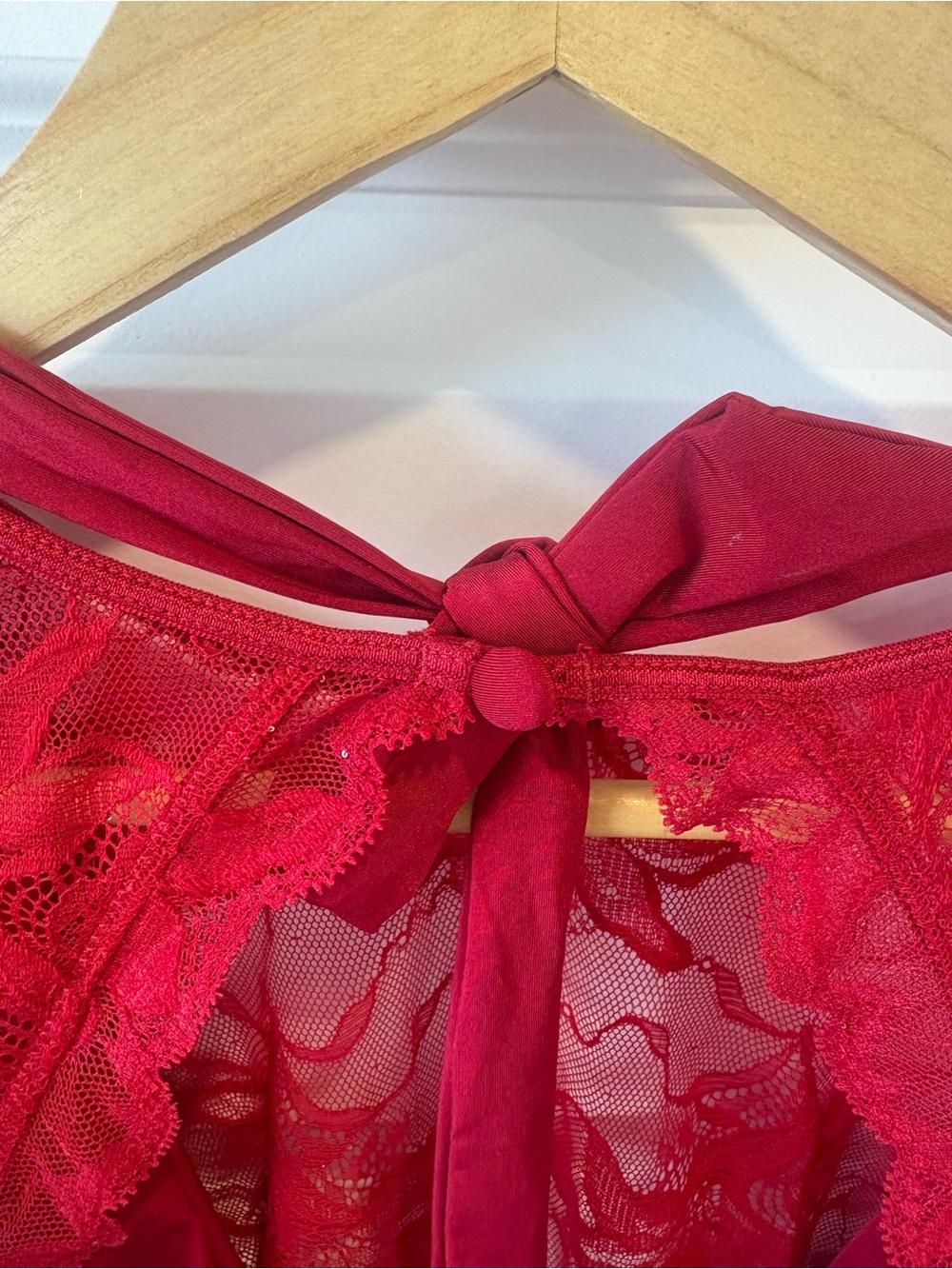 La Vie En Rose Red Lace Sheer Long-Sleeve Bodysuit - Picture 6 of 12
